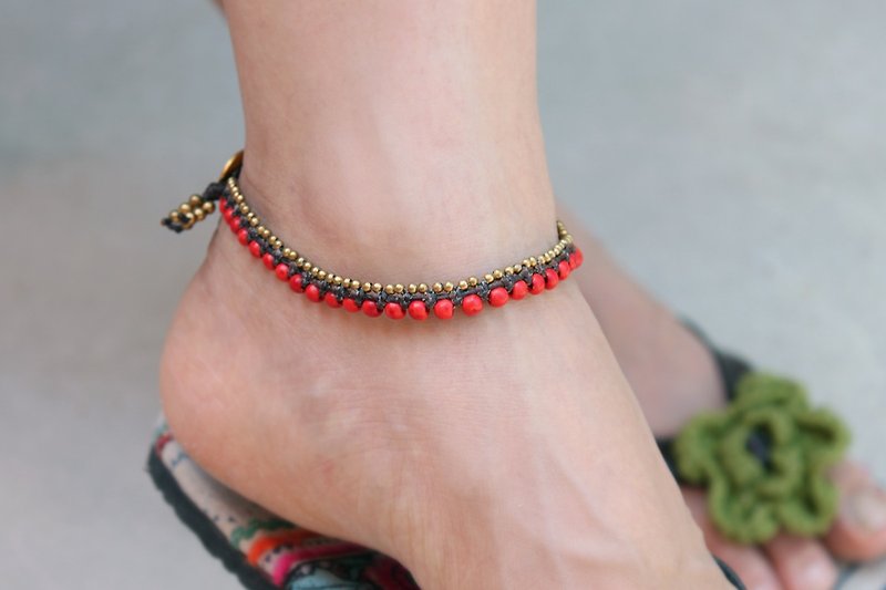 红色珊瑚脚镯黄铜石编手镯手链 - 脚链/脚环 - 棉．麻 红色