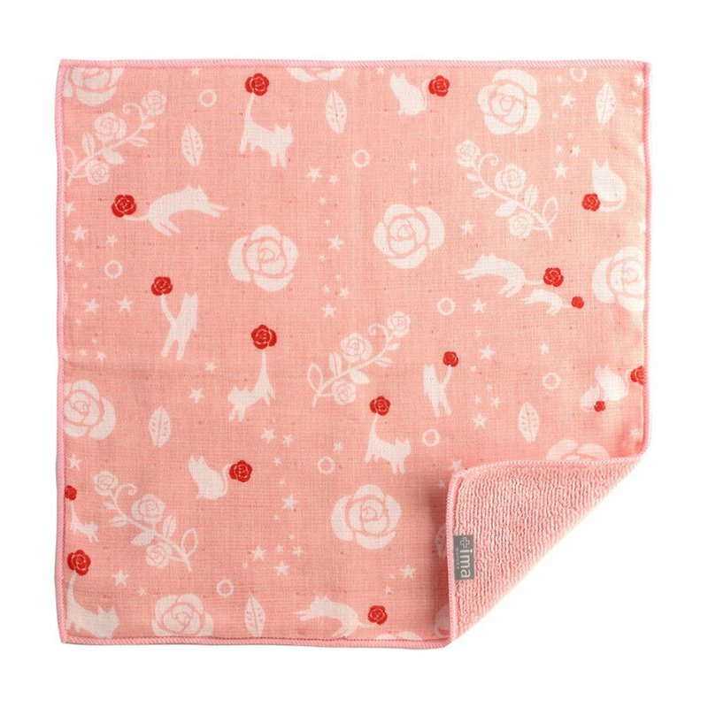 日本Prairiedog 今治制有机优质纯绵方巾-玫瑰猫咪 - 毛巾浴巾 - 棉．麻 粉红色