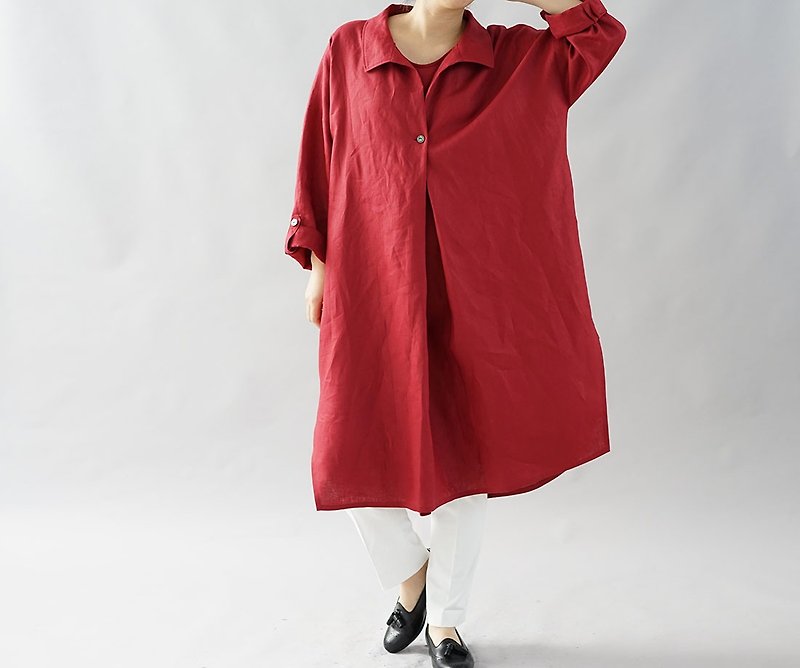 【wafu】リネンワンピース シャツ 襟 オフセット 重ね着風 ロールアップ ワンピース/ルビーレッド a085a-rre2 - 洋装/连衣裙 - 棉．麻 红色