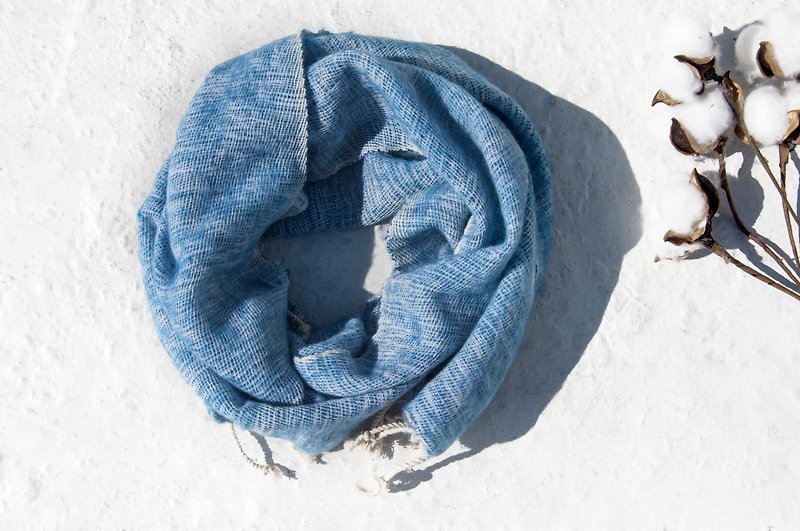 交换礼物纯羊毛丝巾/手工针织围巾/编织围巾/纯羊毛围巾-蓝地中海 - 丝巾 - 羊毛 蓝色