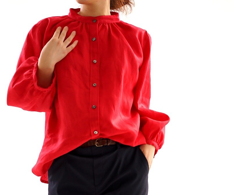 Linen Fluffy Stand Collar Shirt Tunic / Rouge b32-19 - 女装衬衫 - 棉．麻 红色