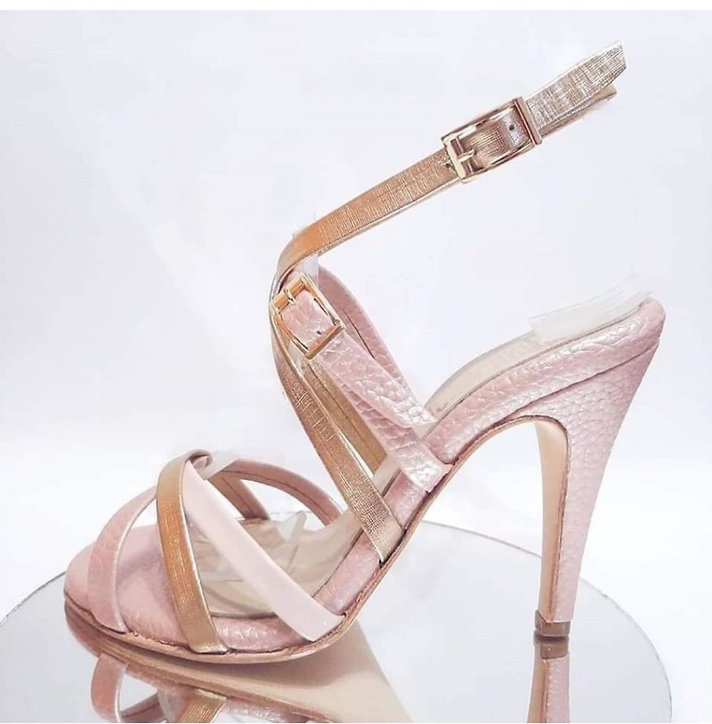 Athena Rosada 雅典娜粉红金色交错绑带凉鞋(宽楦-9.5cm) - 高跟鞋 - 真皮 粉红色