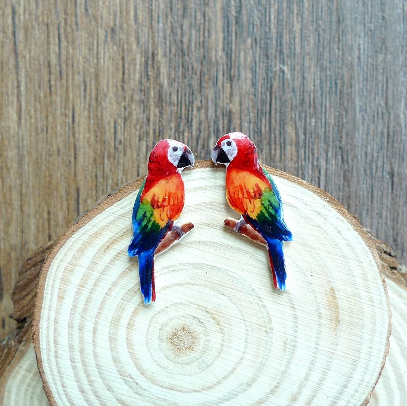 水彩手绘风格 红金刚鹦鹉 手作耳环 (耳针 / 耳夹) (一对) - 耳环/耳夹 - 其他材质 