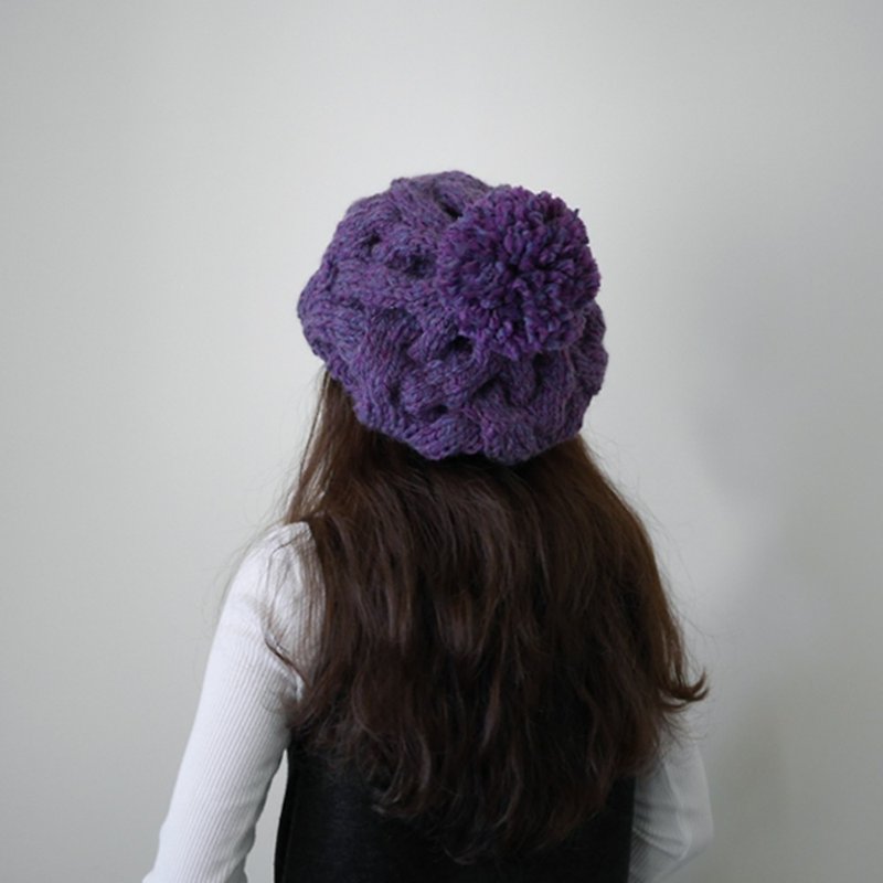 粗针麻花可拆毛球针织毛线贝蕾帽-花紫 - 帽子 - 羊毛 紫色