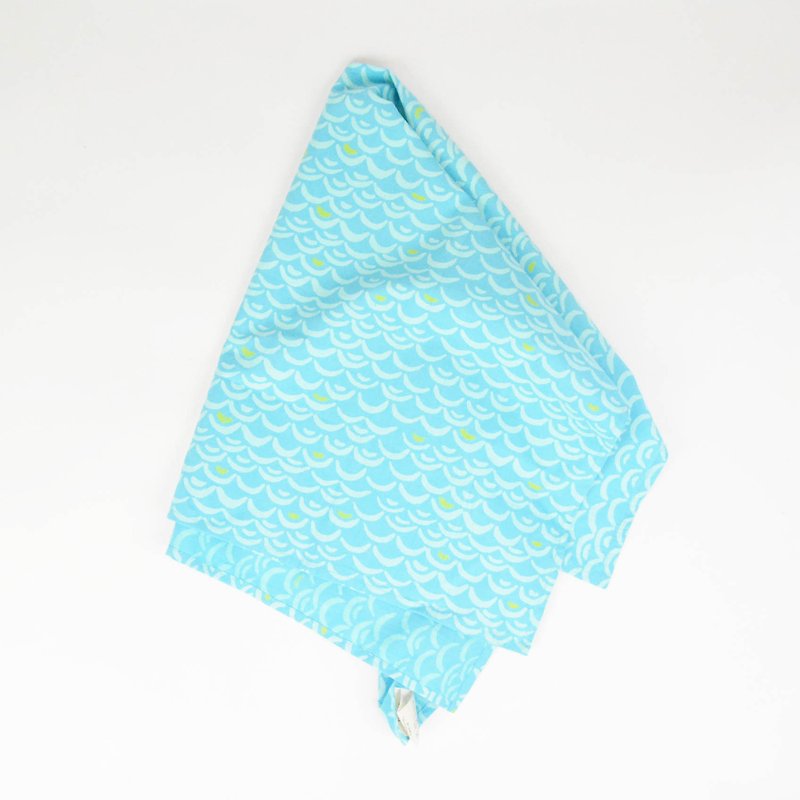 木刻印方巾-海洋里的眯眯白浪-公平贸易 - 手帕/方巾 - 棉．麻 蓝色