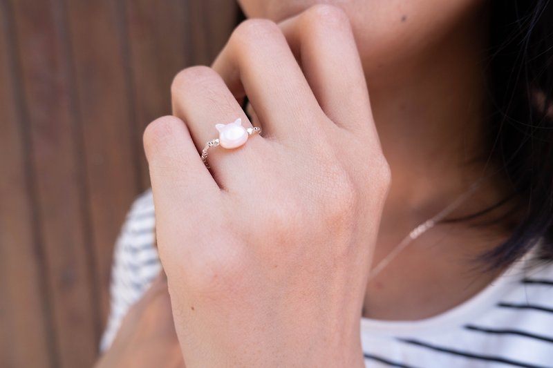 新款极幼手工 纯银珠戒指 主石为 贝母猫   - 戒指 - 宝石 粉红色