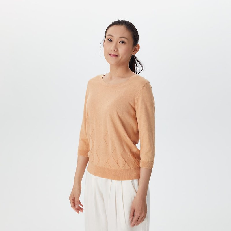 有机棉针织圆领七分袖-暖橘 - 女装针织衫/毛衣 - 棉．麻 橘色