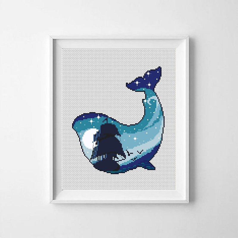 Whale Night silhouette cross stitch pattern, PDF DIGITAL, Ocean, Ship, Moon, Sky - 编织/刺绣/羊毛毡/裁缝 - 其他金属 多色