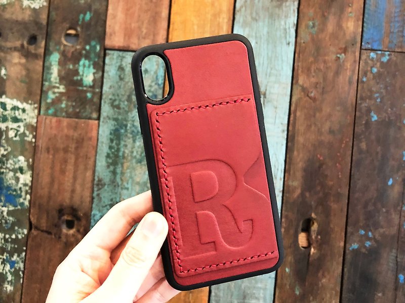 头文字 皮革咭位手机殻 DIY材料包 iPhone15 Plus Xs Max XR - 皮件 - 真皮 红色