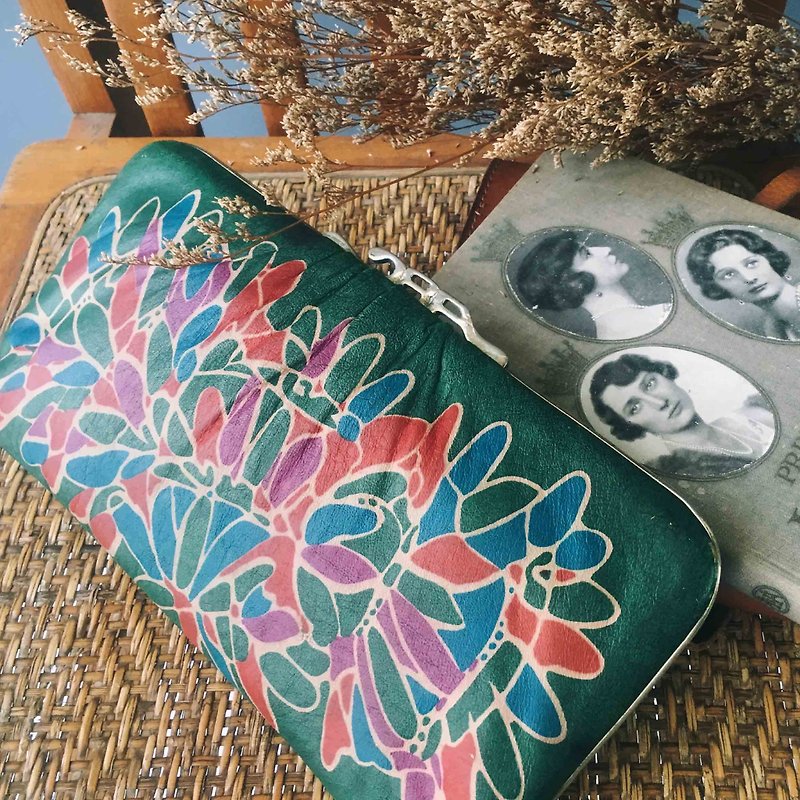 日本寻宝古董包-昭和花卉祖母绿长夹口金手拿包 - 手拿包 - 人造皮革 绿色