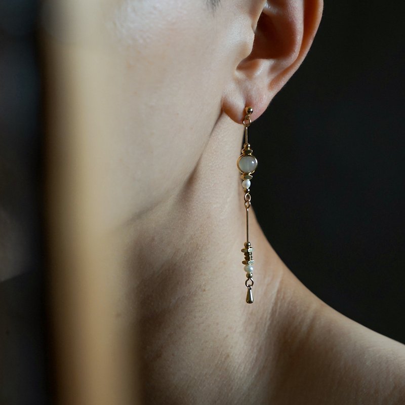 灰月光石珍珠贵族耳环 - 可制作夹式 - 耳环/耳夹 - 铜/黄铜 银色