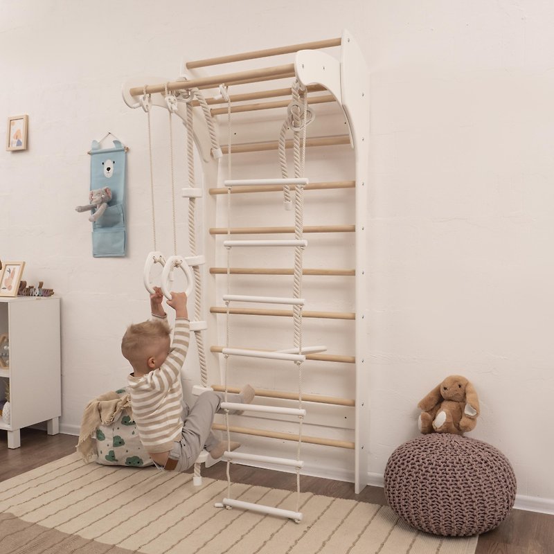 手工制作的蒙特梭利攀爬套装，配有坚固的瑞典梯子和绳索配件 - 儿童家具 - 木头 