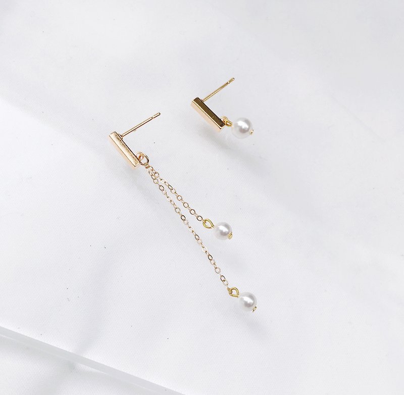 星河珍珠 不对称耳环 14kgf 天然珍珠 可改夹式 - 耳环/耳夹 - 其他金属 金色