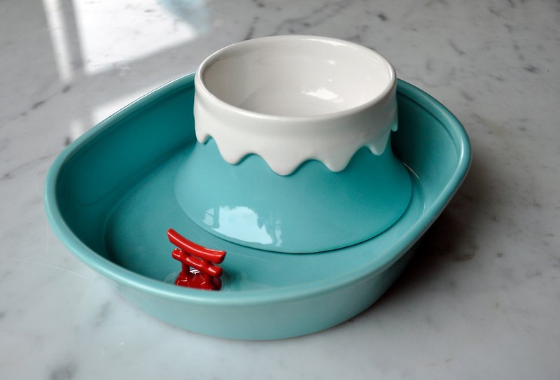 陶瓷富士山防蚁碗组  喝水进食两用碗 陶瓷宠物碗 - 碗/碗架 - 瓷 蓝色