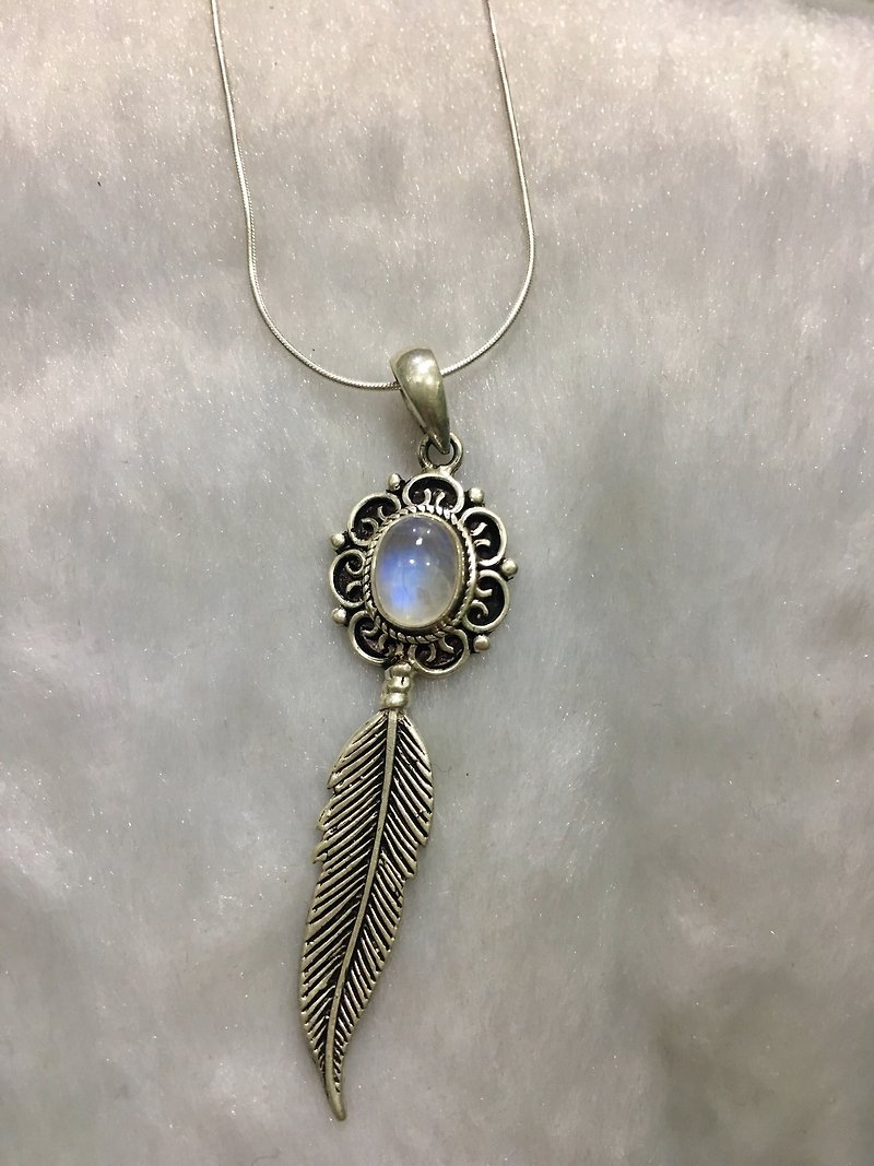 月光石项链 吊饰 花朵羽毛造型 尼泊尔手工制 925纯银 - 项链 - 宝石 