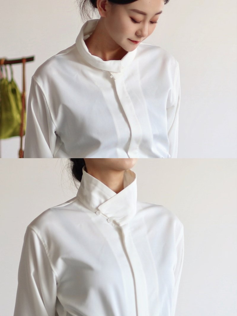 乱山昏 新中式原创设计复古明式立领衬衫 可翻折多穿搭 灯笼长袖 - 男装衬衫 - 棉．麻 白色