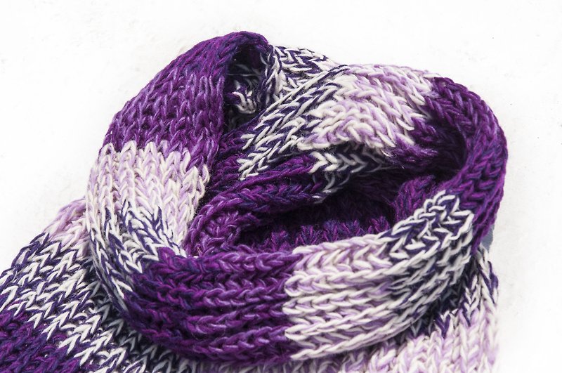 手织纯羊毛围巾/针织围巾/钩织条纹围巾/手工针织围巾-条纹紫色系 - 围巾/披肩 - 羊毛 紫色