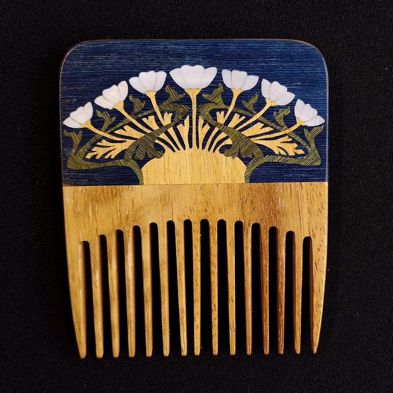 Wooden hair Art Nouveau Deco comb / handmade flower decor mosaics inlay 木梳 - 其他 - 木头 蓝色