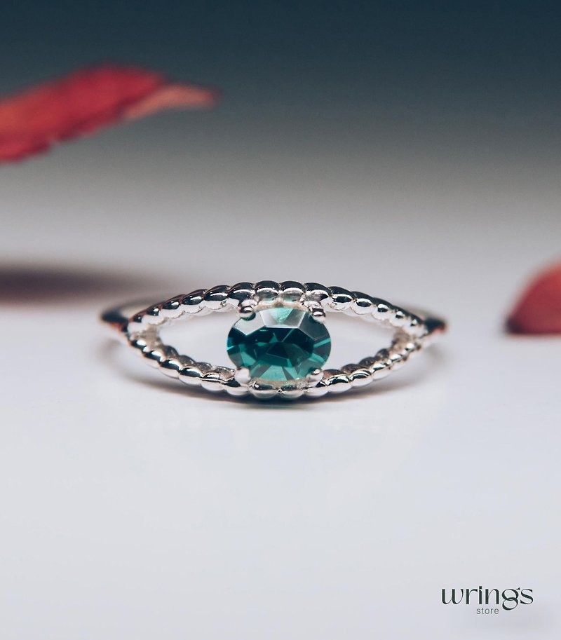 银质邪眼戒指 绿石英宝石女款 珠饰设计 - 戒指 - 纯银 绿色