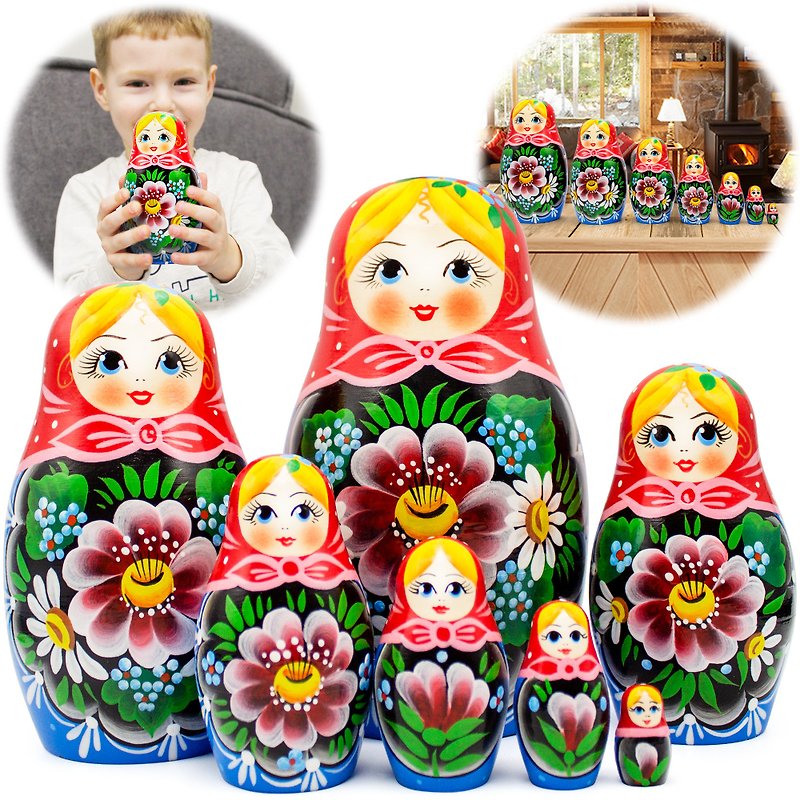 Russian Nesting Babushka Dolls with Flowers - Handmade Matryoshka Dolls 7 pcs - 玩具/玩偶 - 木头 多色