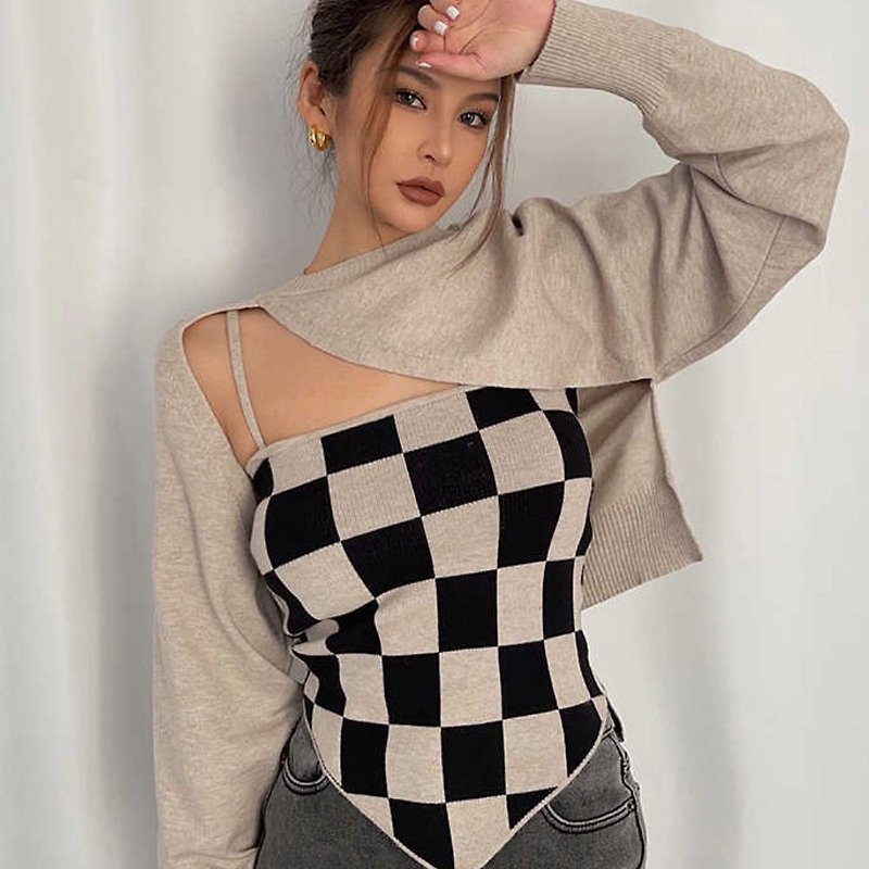 Checkered Two Piece Sweater Street Top