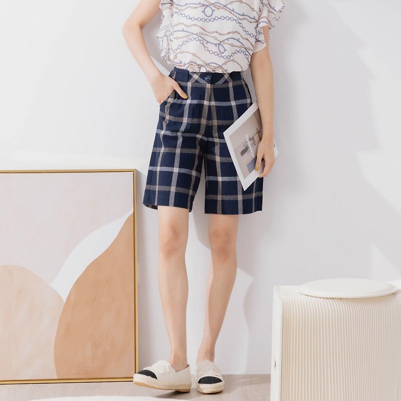 【MEDUSA】法式格纹经典五分短裤 - 蓝 (M-2L) | 女装 纯棉 - 女装短裤 - 棉．麻 蓝色