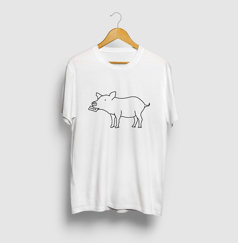 棉．麻 女装 T 恤 白色 - Piglet Love Letter Pig Animal Illustration T-shirt