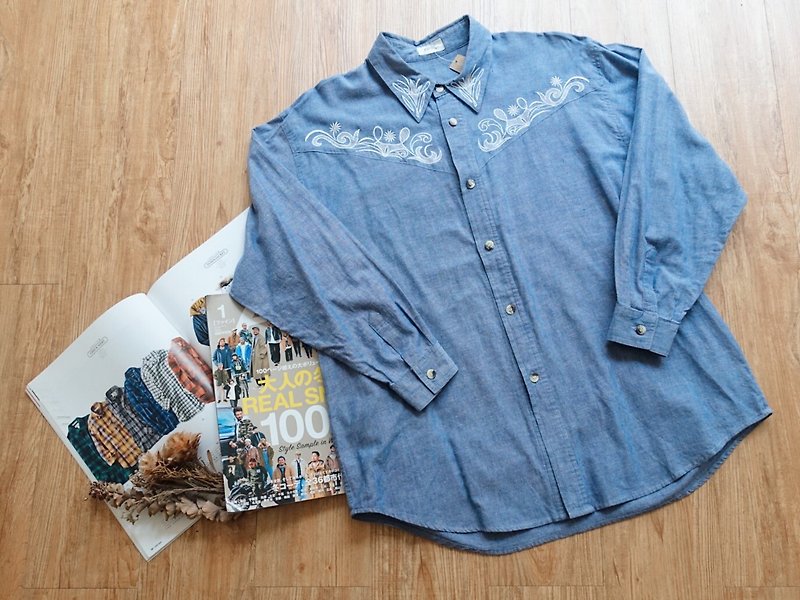 Vintage 上着 / 棉质长袖衬衫 no.67 tk - 女装衬衫 - 棉．麻 蓝色