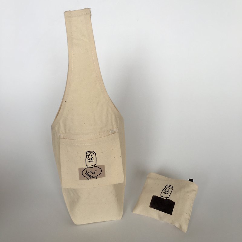 YCCT 环保饮料提袋包覆款 - 胚布色小鲜肉 ( 冰霸杯/梅森瓶/保温瓶 ) 专利收纳/感温变化 摩艾石像杯套 - 随行杯提袋/水壶袋 - 棉．麻 白色