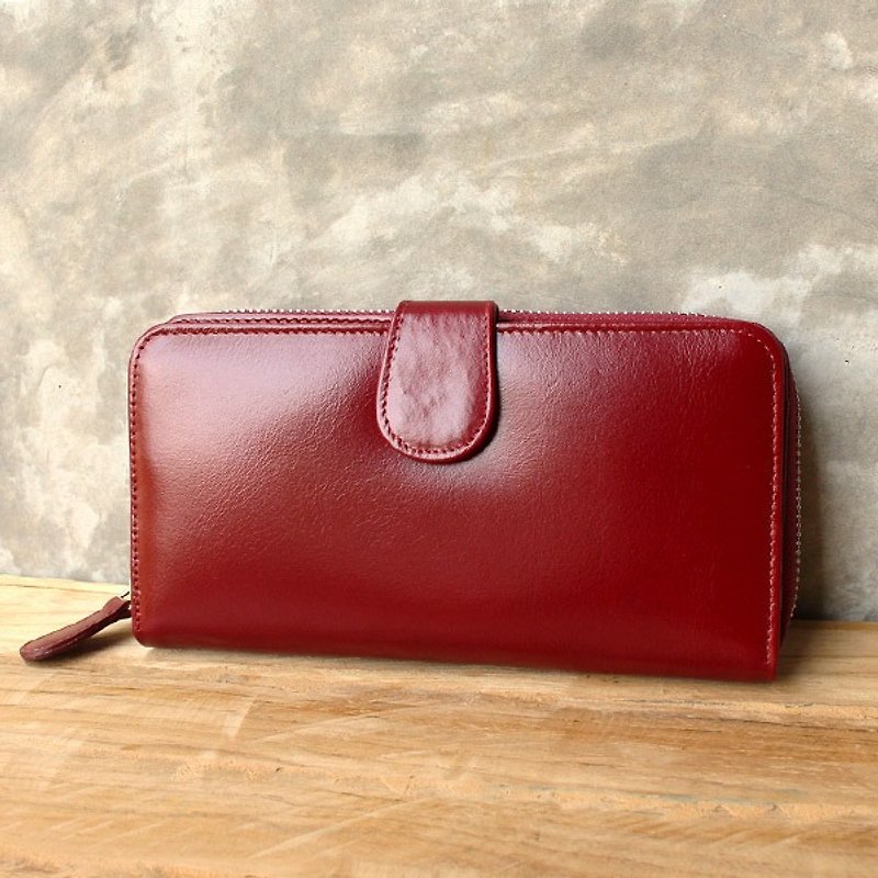 Leather Wallet - Zip Around Plus - Dark Burgundy / Red (Genuine Cow Leather) - 皮夹/钱包 - 真皮 