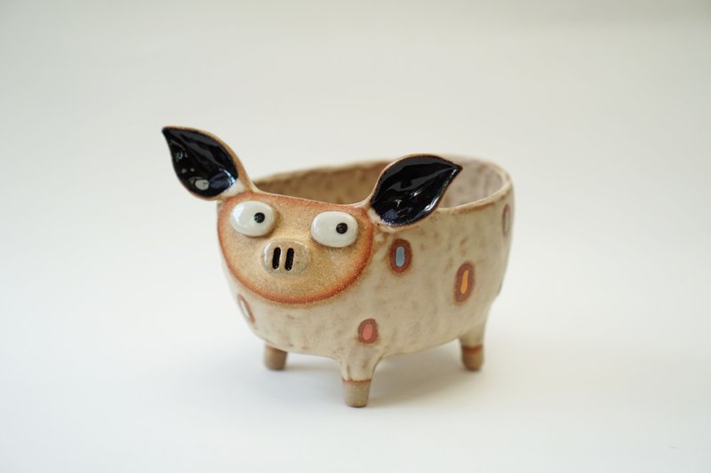 陶 花瓶/陶器 多色 - Pig pot , cactus , handmade ceramic , pottery