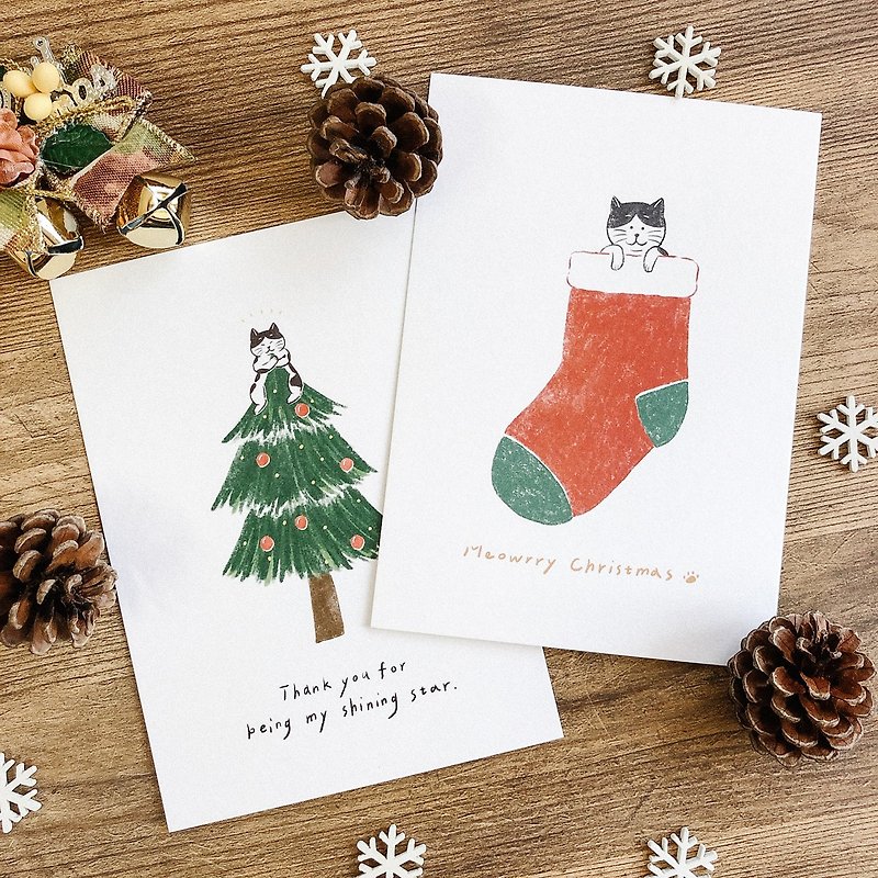 插画手写卡片 圣诞节-和猫一起过圣诞2入组 - 卡片/明信片 - 纸 绿色