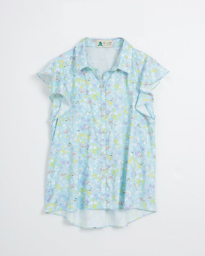 【波丽印花】夏天少女 荷叶袖上衣 休闲衬衫 北海道合谷色 - 女装衬衫 - 棉．麻 蓝色