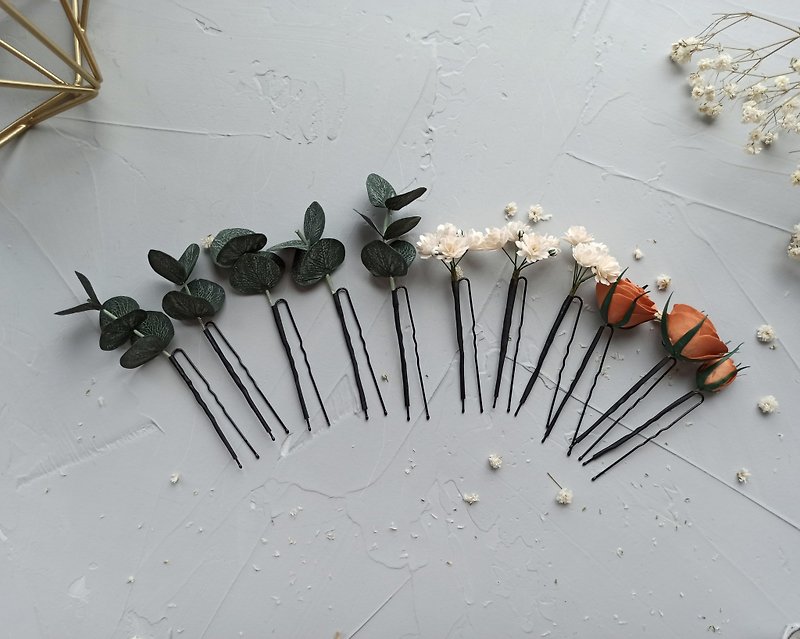 Bridal eucalyptus hair pins greenery Flower hair piece burnt orange fall wedding - 发饰 - 其他材质 多色