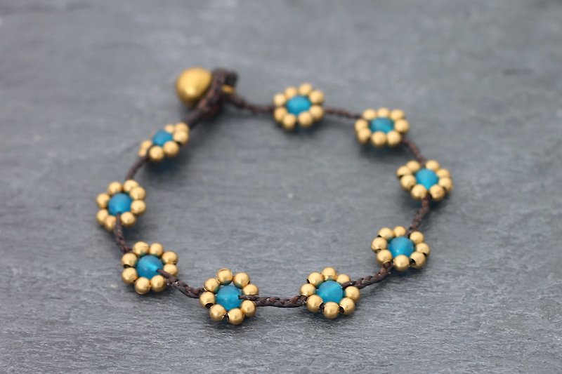 Daisy Light Blue Braided Bracelets Raw Brass Beads Cute Folk - 手链/手环 - 其他金属 蓝色