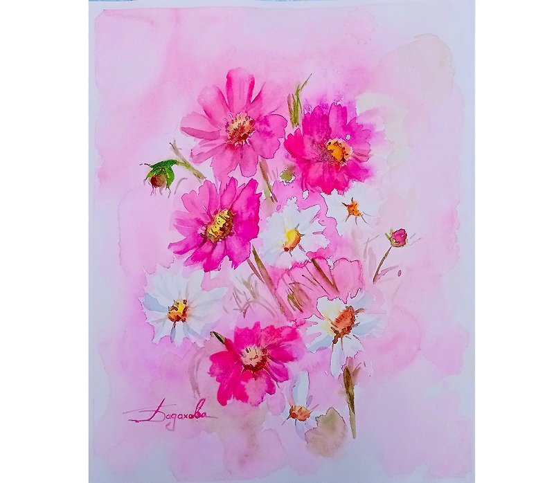 Cosmea Watercolor Original Painting Flowers Watercolor Cosmea Art - 海报/装饰画/版画 - 纸 粉红色