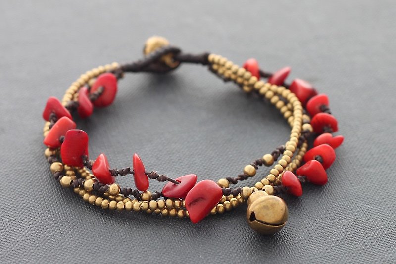 珊瑚黄铜链手链层编织浪漫吉普赛波希米亚 - 手链/手环 - 纸 红色