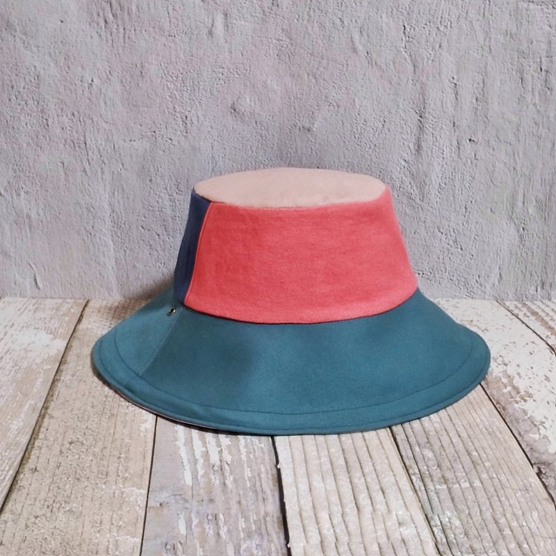 小牛村 手工帽子 遮阳帽 渔夫帽 拼接 粉蓝【浅海珊瑚】 - 帽子 - 棉．麻 粉红色