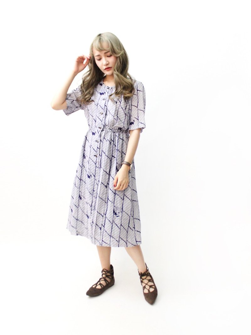 【RE0614D1262】初夏日本制复古紫色花朵条纹短袖古着洋装 - 洋装/连衣裙 - 聚酯纤维 紫色