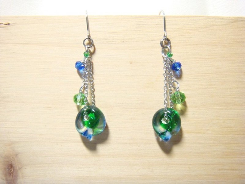 柚子林琉璃 - 若叶 - 耳环 - 星空蓝 x 森林绿 - 可改夹式 - 耳环/耳夹 - 玻璃 多色