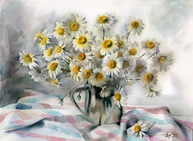 Daisy hand painted watercolor, handmade paintings, wall art, home wall decor - 墙贴/壁贴 - 纸 多色