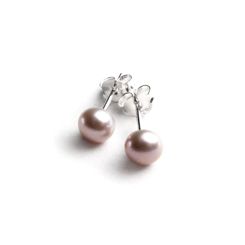 限量 - 极简 | 5mm天然扁圆馒头型淡水珍珠纯银耳环 | 烟熏粉藕色 - 耳环/耳夹 - 珍珠 粉红色