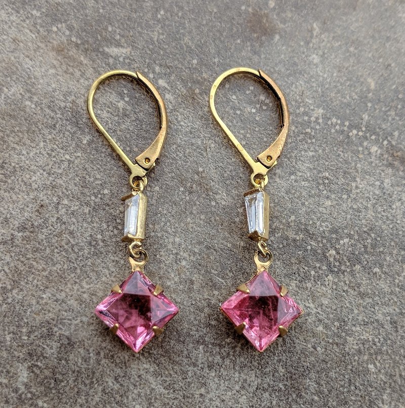 粉红古董玻璃锆石黄铜耳环 - 耳环/耳夹 - 玻璃 粉红色