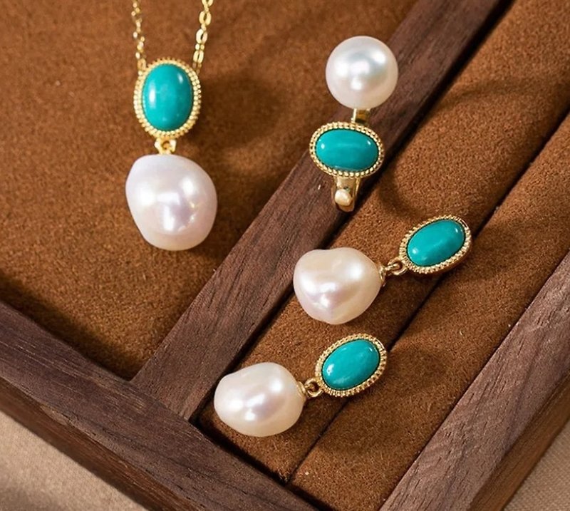 全新流行女款巴洛克珍珠首饰组天然珍珠绿松石 - 戒指 - 纯银 多色