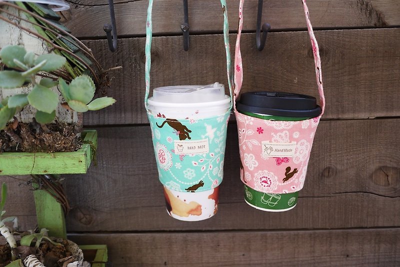粉绿蕾丝猫咖啡杯提袋 - 随行杯提袋/水壶袋 - 棉．麻 