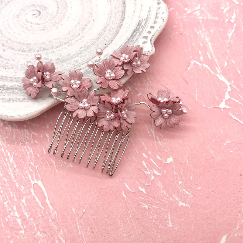 皮革樱花珍珠发梳【花】【发饰】 - 发饰 - 真皮 粉红色