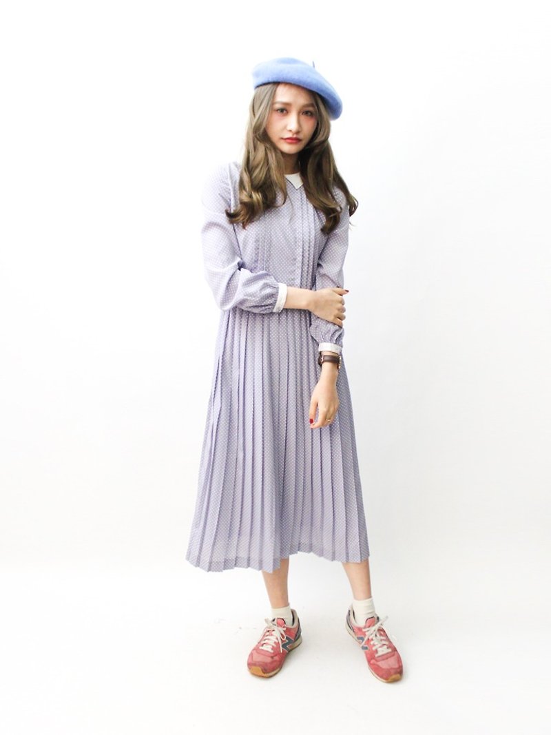 【RE0322D1018】日本制复古甜美拼接领粉紫色点点长袖春夏古着洋装 - 洋装/连衣裙 - 聚酯纤维 紫色