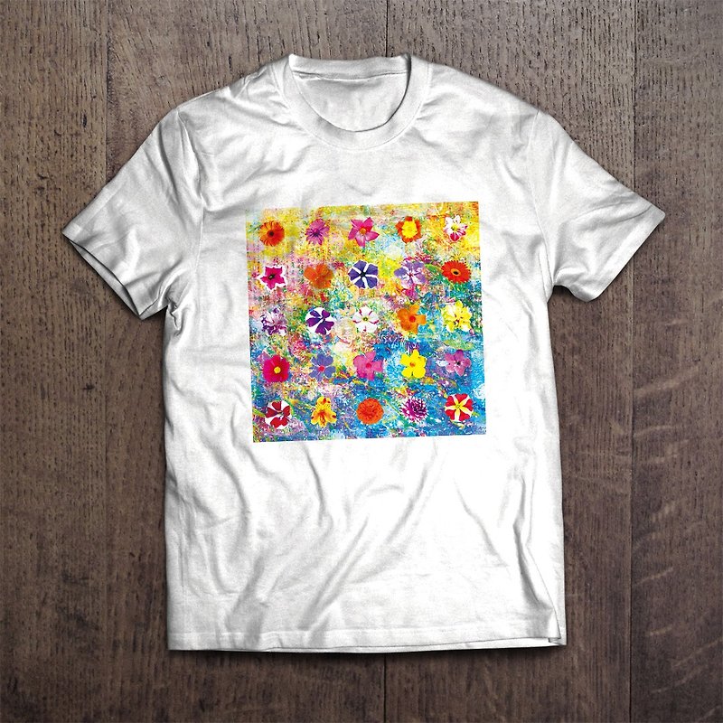 フラワーアートTシャツ Rainbow Bloom - 女装 T 恤 - 棉．麻 白色