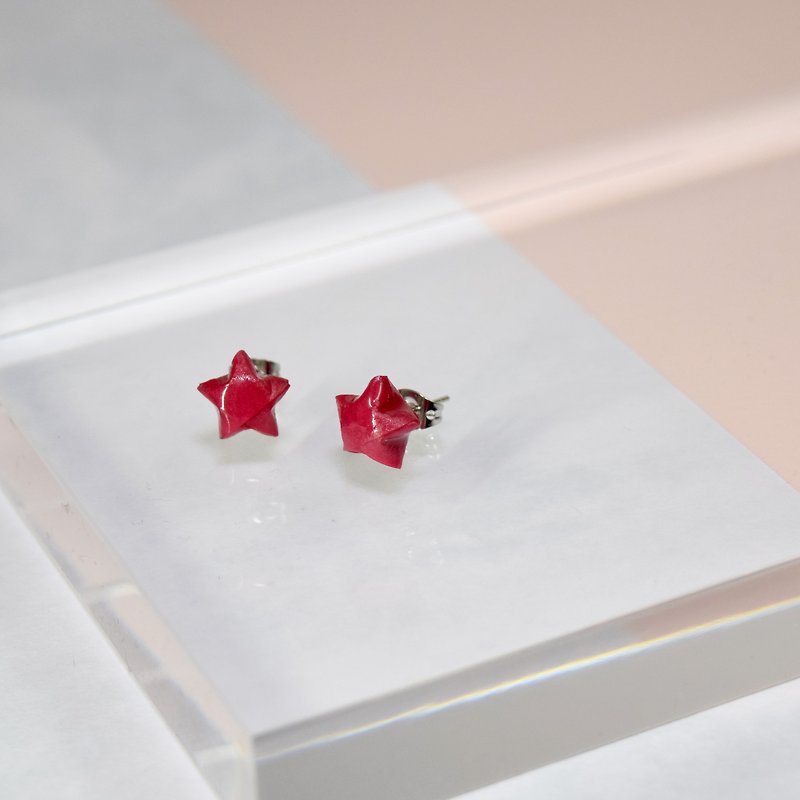 可爱小物桃红色幸运星星防水手工耳环 - 耳环/耳夹 - 纸 粉红色