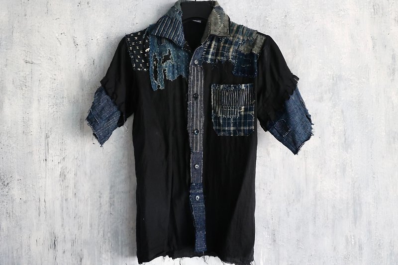 黑色绵麻boro 褴褛patchwork 短袖恤衫 - 男装衬衫 - 棉．麻 